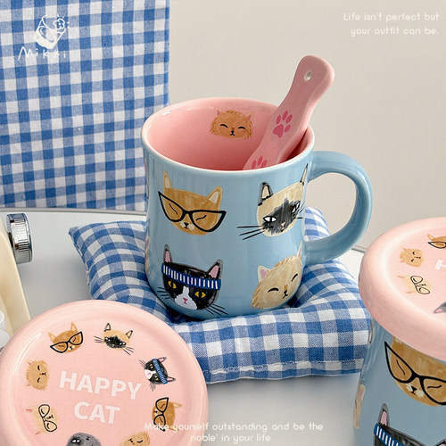 可爱猫猫马克杯大容量粉蓝撞色
