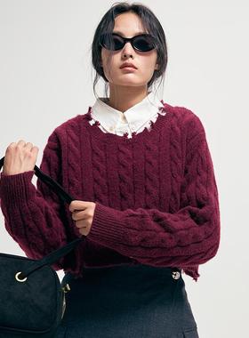 特价，不退不换。羊毛混纺安哥拉红不规则边缘绞花短毛衣