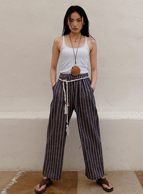 HOWL松弛慵懒松紧腰条纹直筒休闲裤附赠手工编织树脂串珠腰带