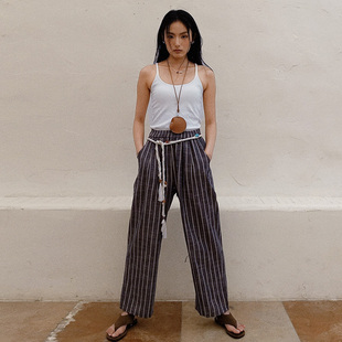 HOWL松弛慵懒松紧腰条纹直筒休闲裤附赠手工编织树脂串珠腰带
