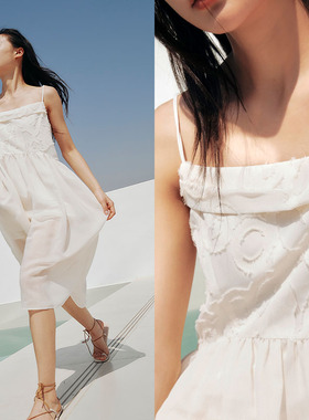 HOWL 夏季清凉女神小白裙立体提花肌理感一字领吊带连衣裙