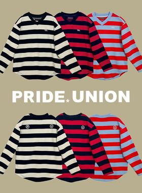 PRIDE*UNION骄傲集结秋季V领撞色条纹圆弧下摆针织长袖卫衣运动风