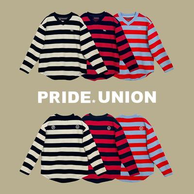 PRIDE*UNION骄傲集结秋季V领撞色条纹圆弧下摆针织长袖卫衣运动风