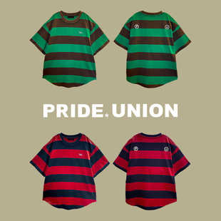 PRIDE UNION 撞色条纹立体LOGO圆弧下摆纯棉针织短袖 T恤初秋新品