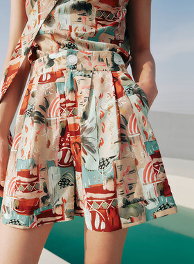 HOWL 度假风艺术感涂鸦美背吊带连衣裙清凉爽滑百褶裙