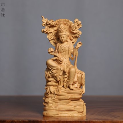 桧木精雕如意自在观音菩萨佛像中式禅意家居客厅摆件实木工艺收藏