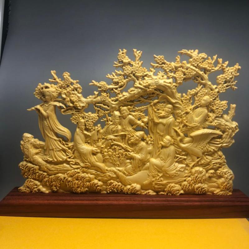 崖柏黄杨木雕八仙过海双面雕刻八仙镂空家居办公摆件礼盒装工艺品