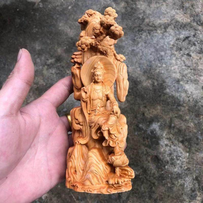 崖柏黄杨木精雕观音菩萨佛像实木中式摆件家居供奉车载送礼装饰品