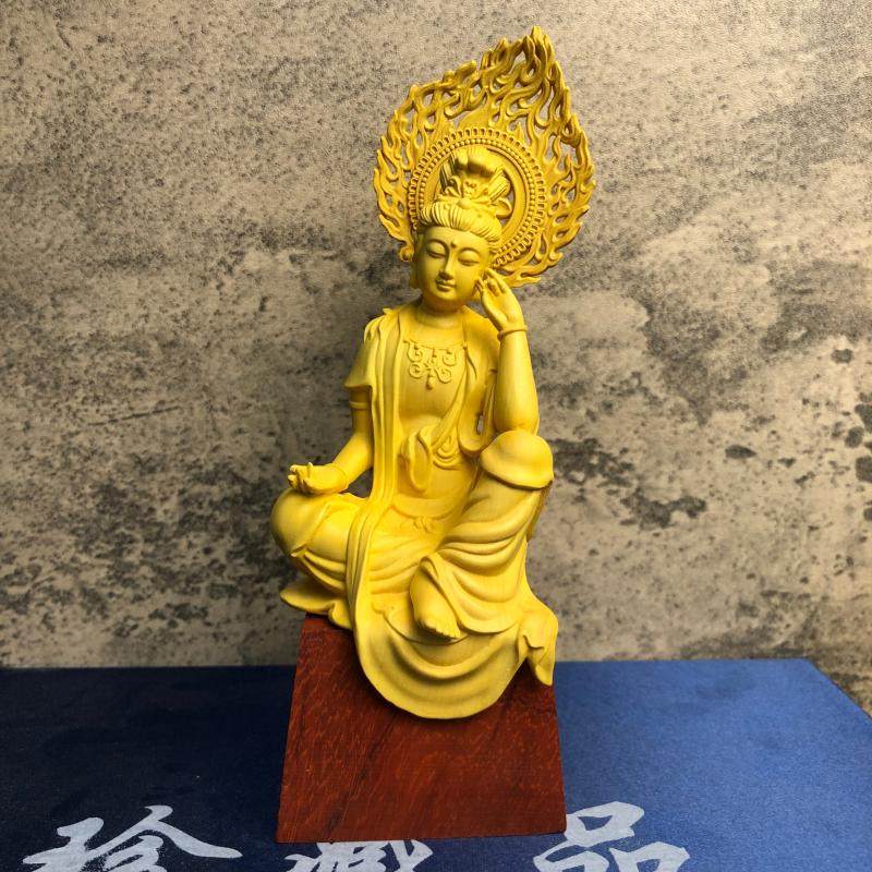 崖柏黄杨木雕禅意自在观世音菩萨人物佛像摆件家居博古架装饰摆设