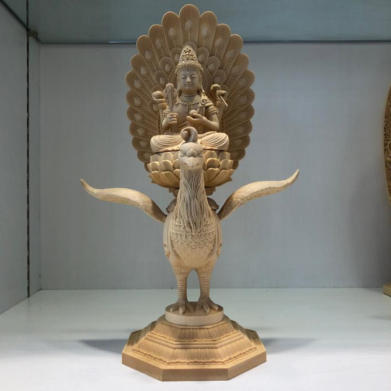 桧木雕佛母大金曜孔雀明王道家护世金刚人物摆件家居供奉佛母装饰