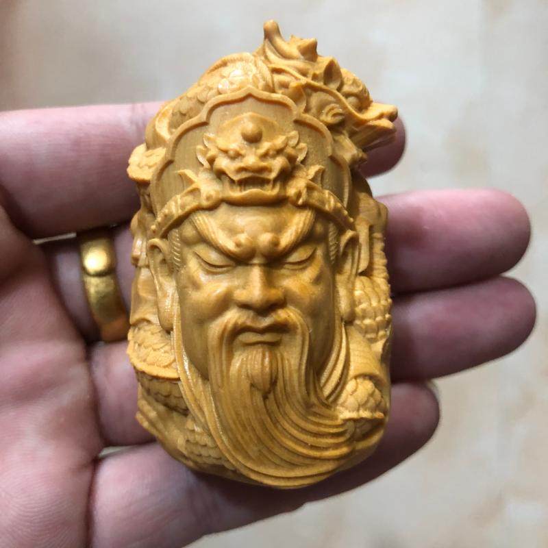 崖柏木雕盘龙关公头实木男士随身盘玩手把件车载内饰挂件吊坠饰品