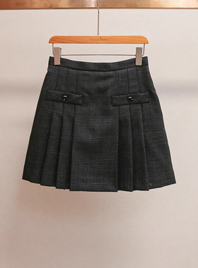 S家春季新款时尚法式复古学院风休闲百搭通勤格纹A字百褶半身裙女