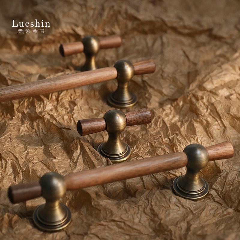 复古胡桃木黄铜拉手中古风古铜色柜门橱柜抽屉把手衣柜门长拉手