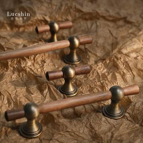 复古胡桃木黄铜拉手中古风把手