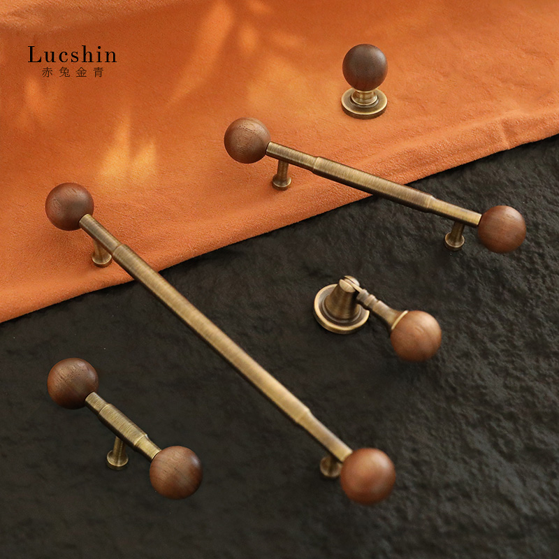 复古胡桃木黄铜拉手中古风古铜色橱柜门抽屉把手衣柜门长拉手