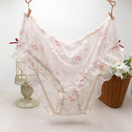 复古花苞裤90~270斤加肥加大高腰蕾丝网纱花卉印花内裤女大码薄款