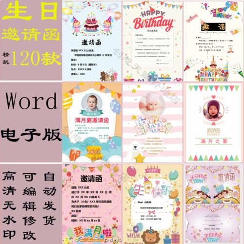 生日会邀请函电子版宝宝满月百日宴儿童员工周岁生日请帖海报模板