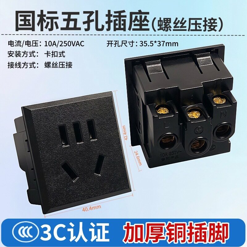 国标10A五孔嵌入式加厚铜插座