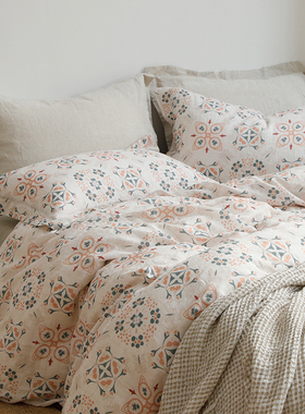 linenjoy禧悦纯法国亚麻印花酵素水洗ins四件套法式优雅床品套件