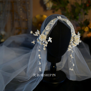 新娘头纱唯美超仙蓬松花环拖尾长纱白色外景拍照婚纱礼服造型发饰