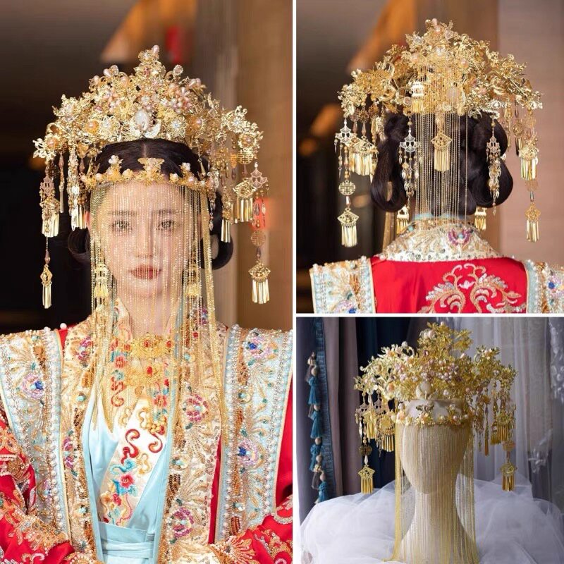 新款中式新娘秀禾服头饰古装明制结婚婚礼龙凤褂大气凤冠霞帔发饰