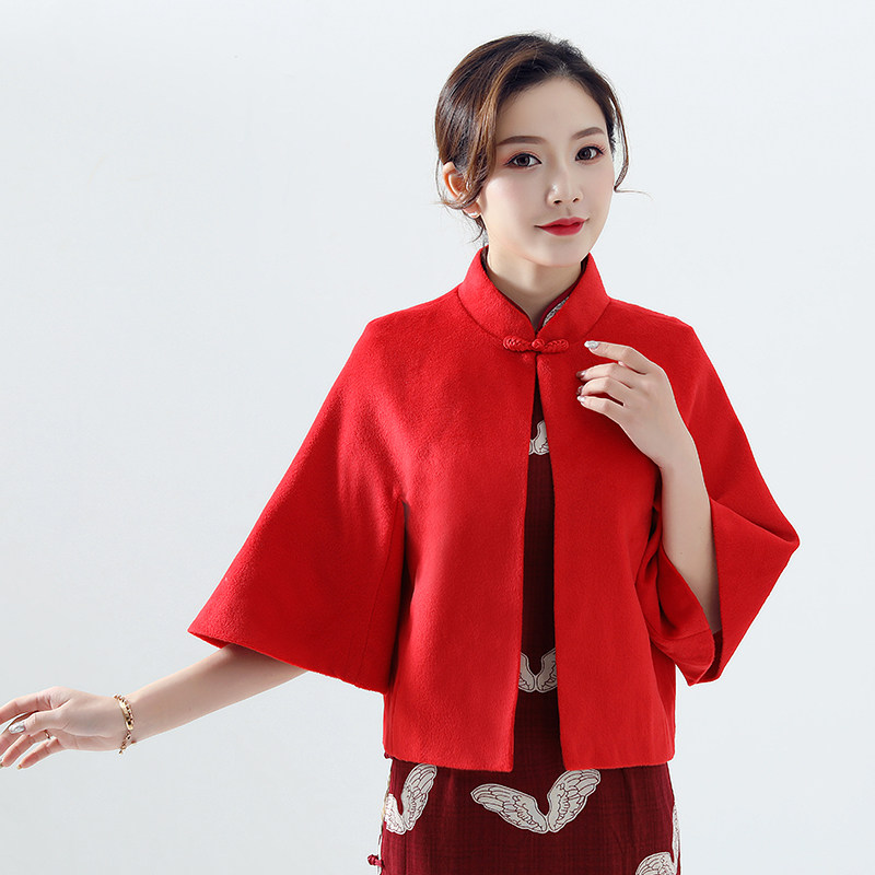配旗袍小披肩坎肩女春秋优雅开衫礼服宴会结婚毛呢喜妈妈斗篷外搭