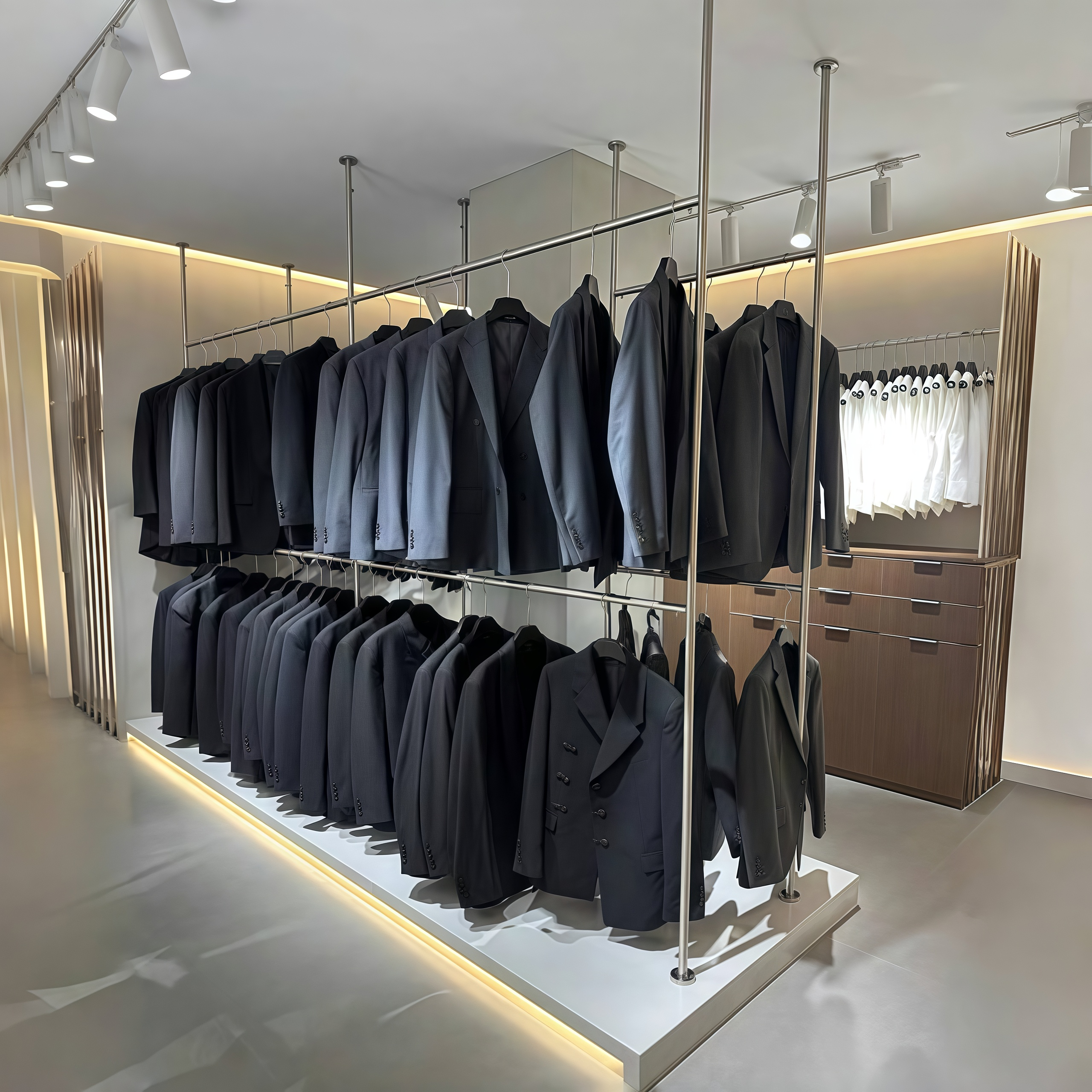 不锈钢拉丝男装店展示架顶天立地挂衣架西服裤子陈列货架双层定制