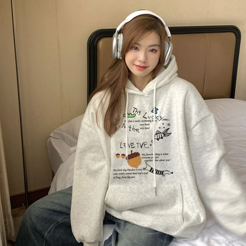 美式插画印花可爱甜美减龄新款秋冬元气百搭潮流连帽加绒宽松卫衣
