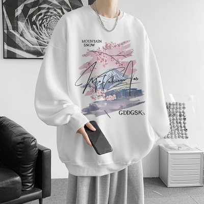 秋冬季富士山樱花设计感圆领卫衣男生宽松情侣外套百搭打底衫潮流