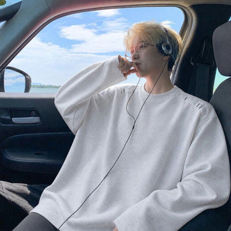 一格男装 秋季新款韩版肩膀刺绣结构款圆领长袖T恤打底衫大码宽松