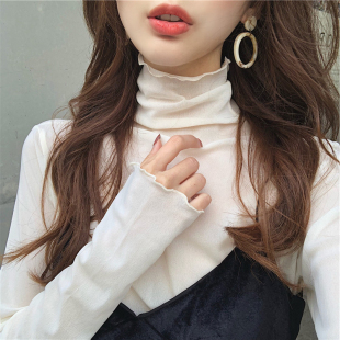 高领内搭纯色长袖 2019秋冬新款 大码 女长袖 洋气上衣 网纱蕾丝打底衫