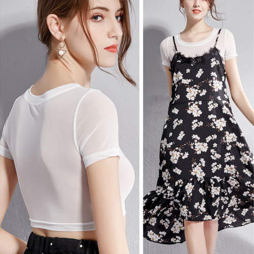 短袖黑色半身百搭薄纱衣夏女t恤