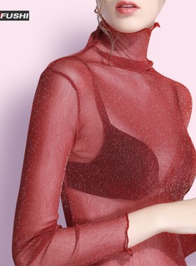 2019春秋新款网衫女长袖单层网纱衣服闪光丝性感镂空打底红色上衣