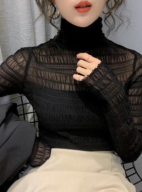 黑色高领蕾丝打底衫女长袖内搭2020秋季新款镂空褶皱网纱上衣t恤