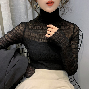 新款 内搭2020秋季 镂空褶皱网纱上衣t恤 女长袖 黑色高领蕾丝打底衫