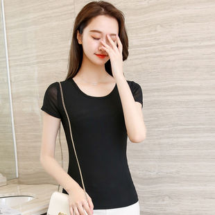 t恤夏女蕾丝打底衫 短款 新款 纯色上衣修身 圆领纱衣透视装 网纱短袖