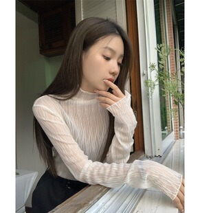 长袖蕾丝打底衫女夏季新款透视叠穿洋气网纱内搭上衣薄款雪纺小衫
