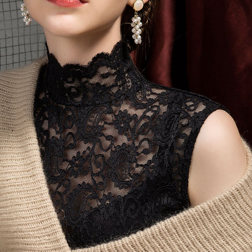 秋季修身内搭立领网纱背心蕾丝