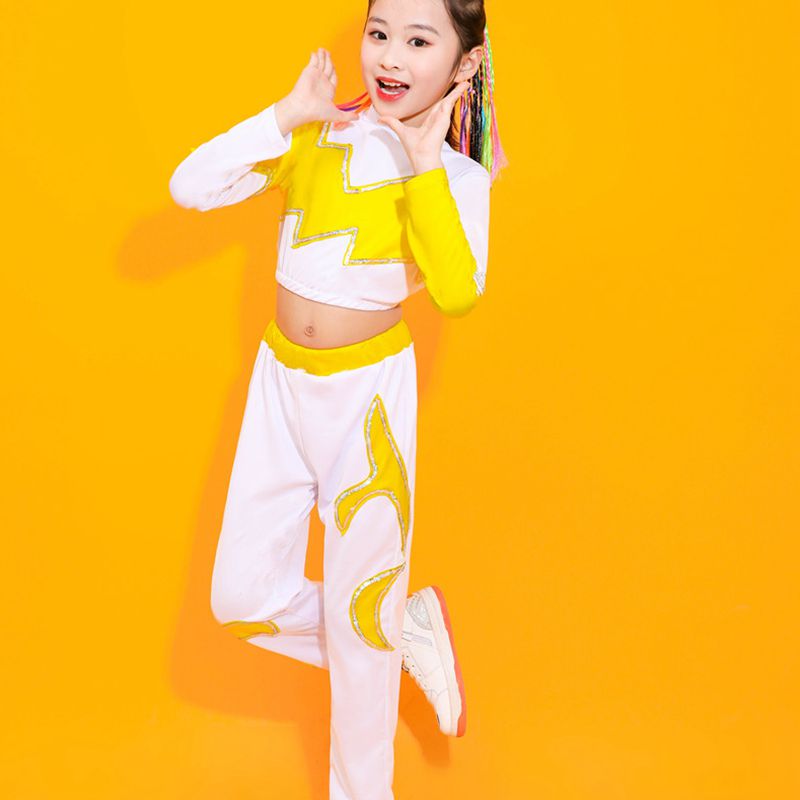 儿童白黄啦啦队服舞蹈演出服