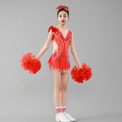 女童大红短袖啦啦队服运动会