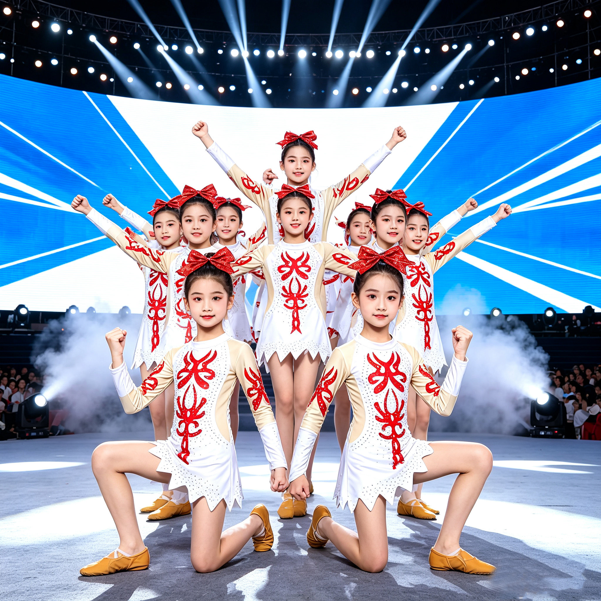 儿童啦啦队演出服红白蝴蝶结