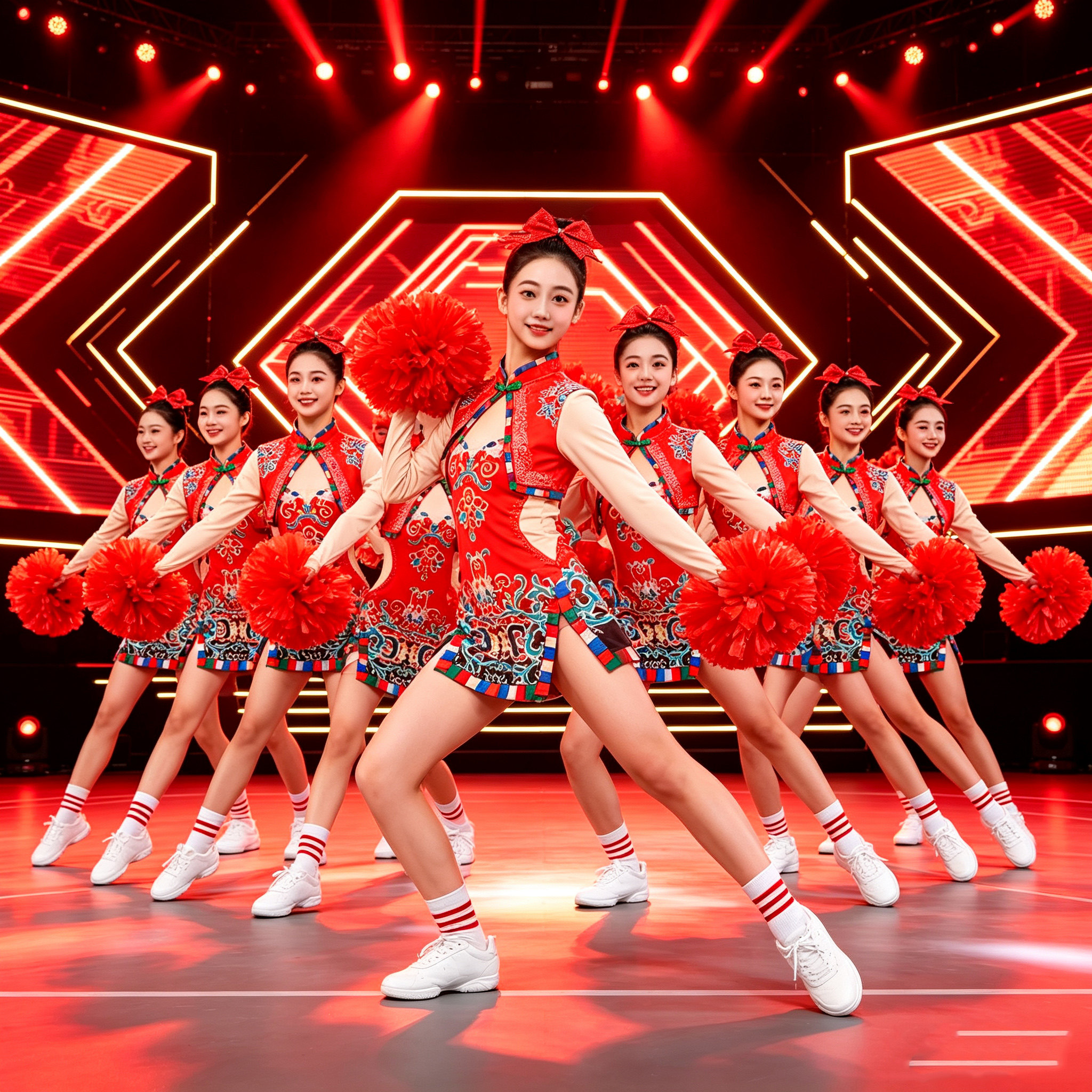红色中国风女啦啦队服演出比赛