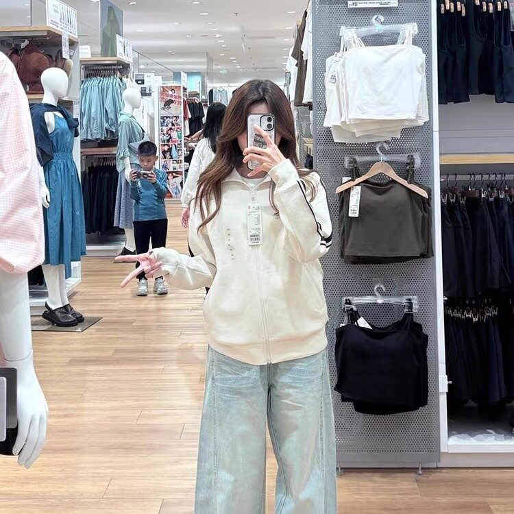美式浅色设计感拼接牛仔裤女