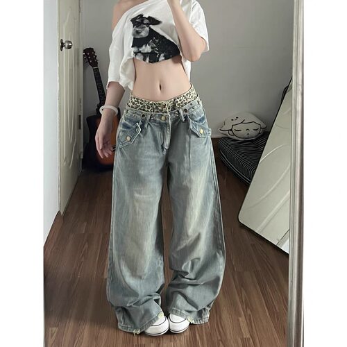 美式复古豹纹拼接双腰头牛仔裤