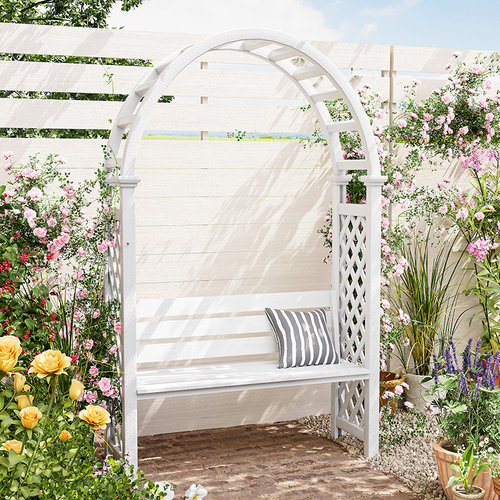 月季爬藤架拱形门椅子白色攀爬架
