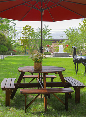 连体桌椅组合大排档花园室外餐桌带伞户外公园夜市烧烤遮阳伞庭院