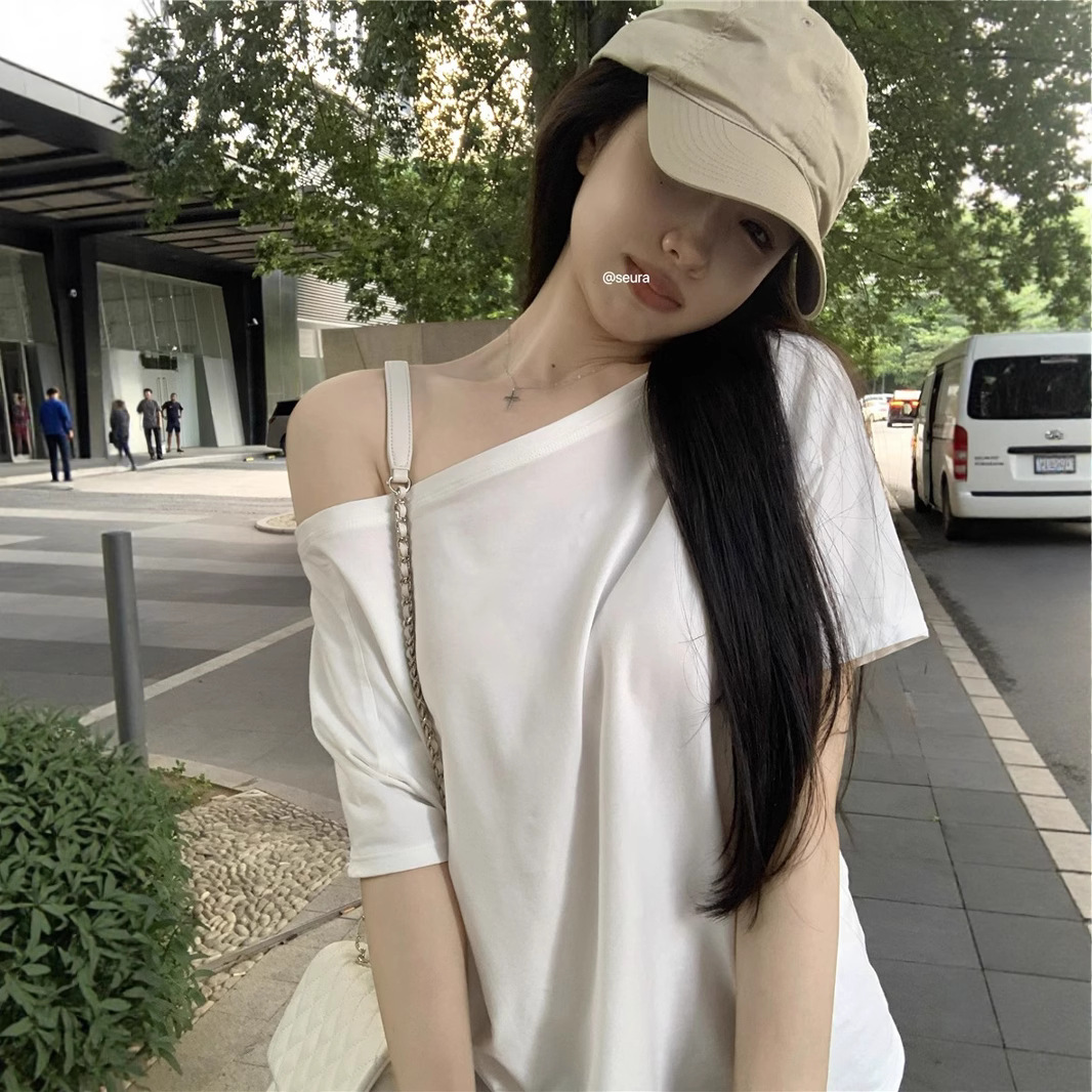 日系 纯欲辣妹白色宽松T恤女夏不规则别致百搭上衣短袖lpoo衫正品