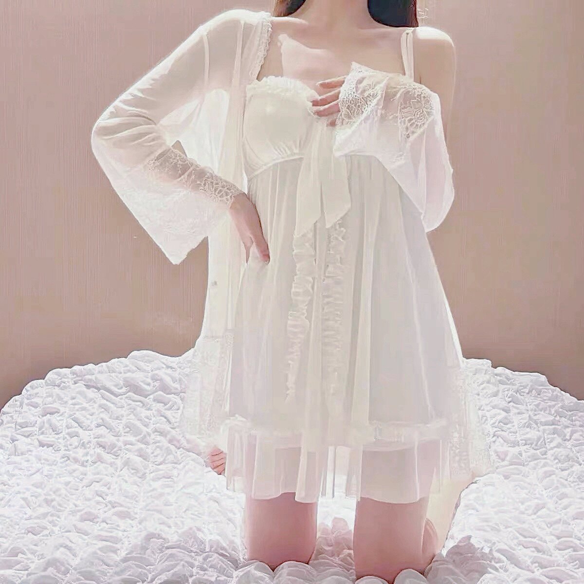 胖MM300斤春季蕾丝花边睡衣女公主风大码性感吊带胸垫睡裙两件套