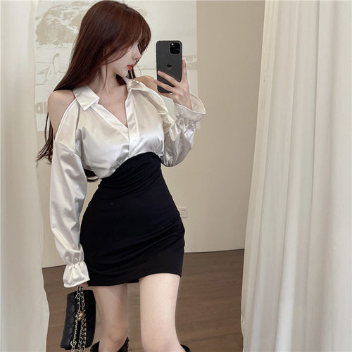 大码300斤性感深V露肩连衣裙女秋季新款收腰修身显瘦包臀短裙