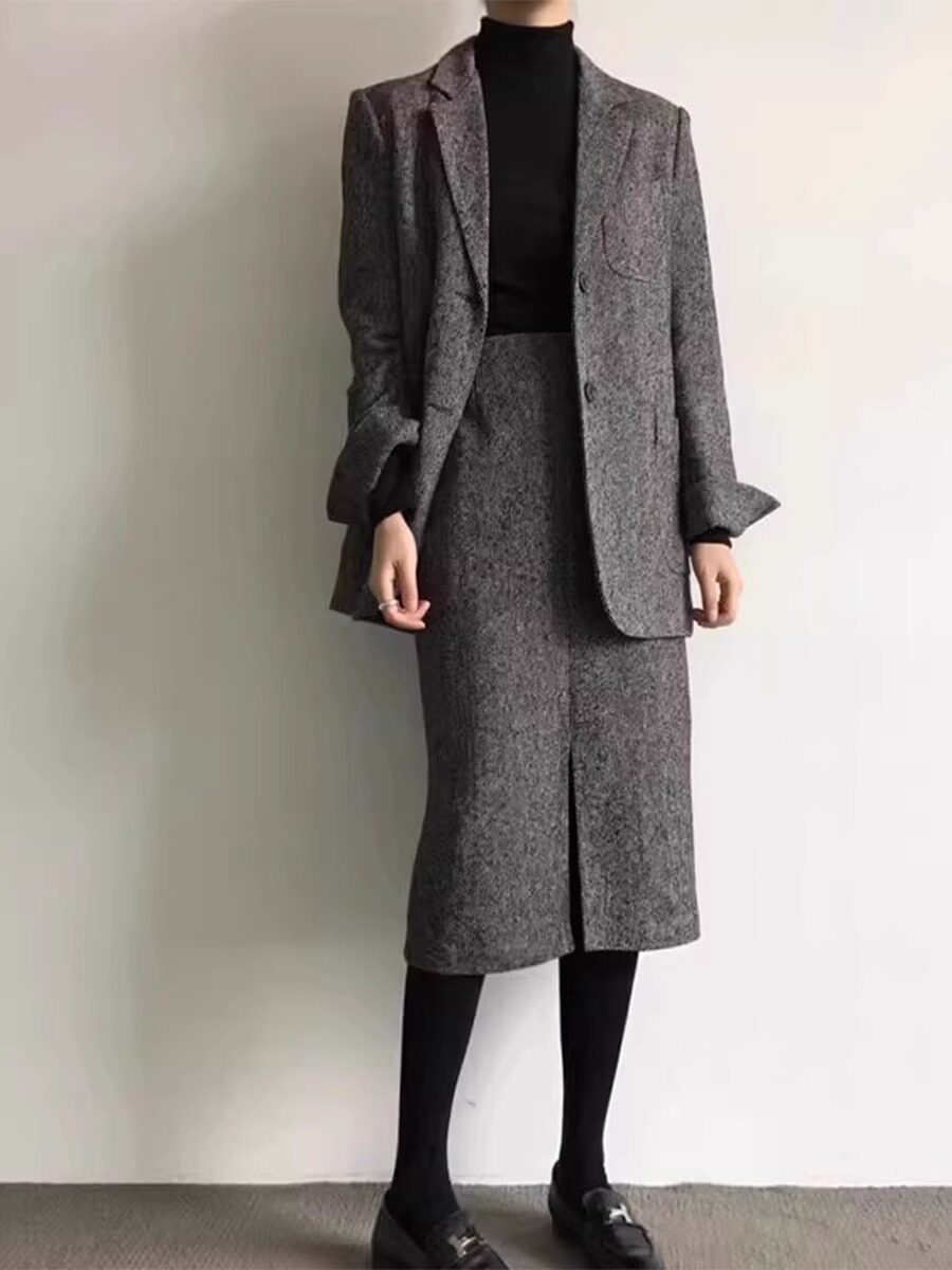 이론 앵거스 여성용 고급 회색 모직 정장 캐주얼 스커트 정장 봄 가을 신상 투피스 세트